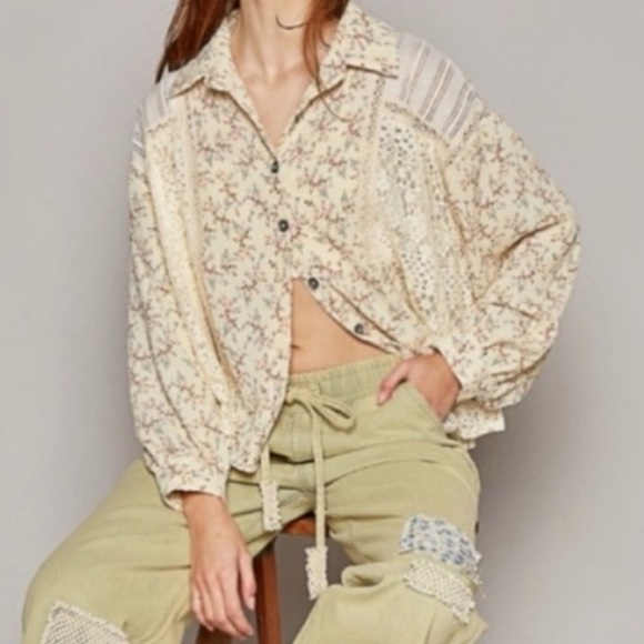 POL floral top - patch top - lace crochet button down top medium/large Boutique - Picture 3 of 11
